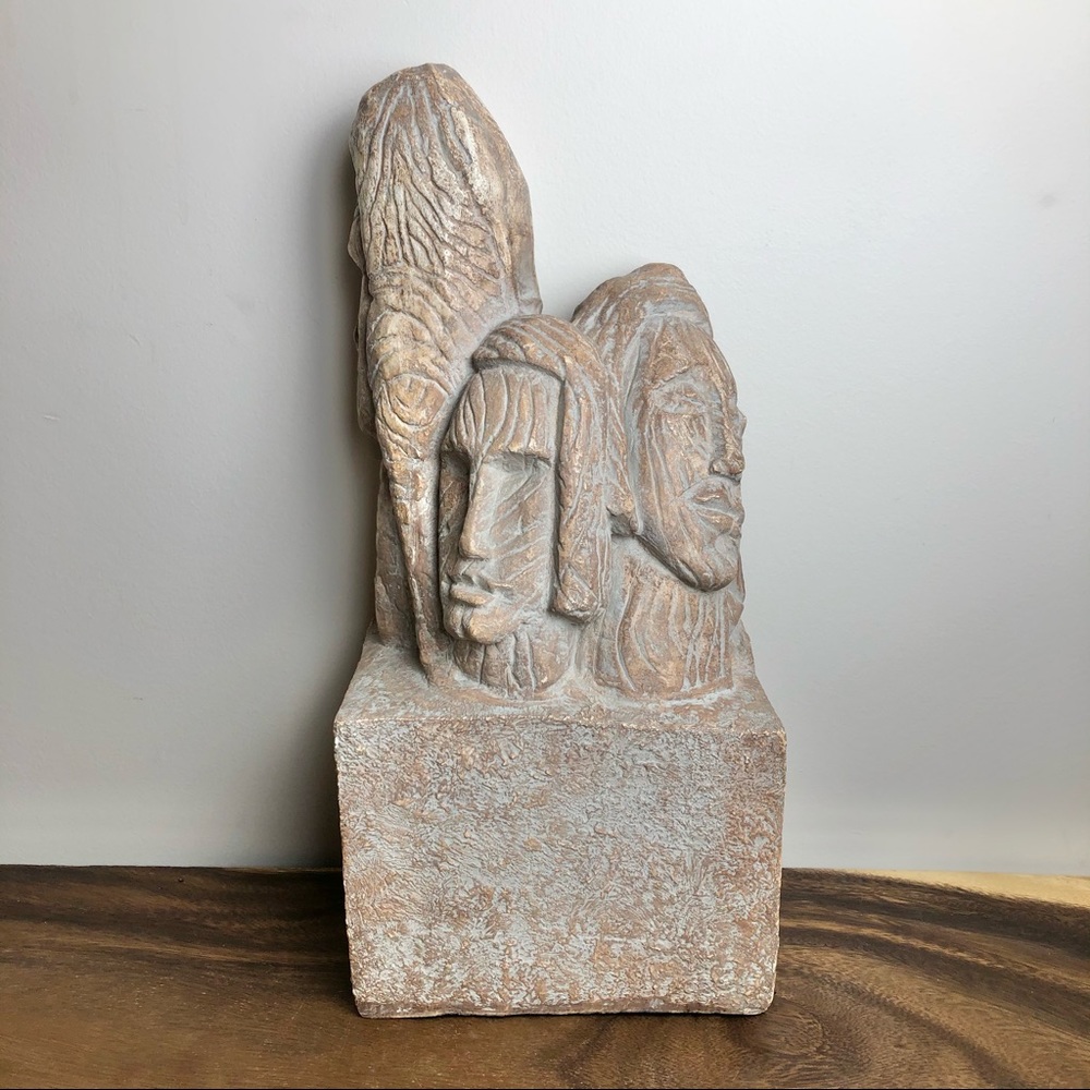 Vintage Terra Cotta Figural Sculpture 3 Faces